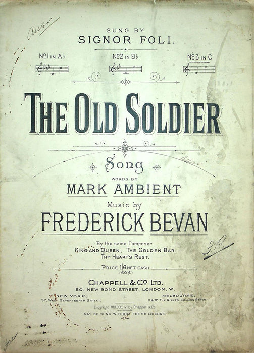 1894 The Old Soldier Vintage Sheet Music Large Ambient Bevan Signor Foli 1