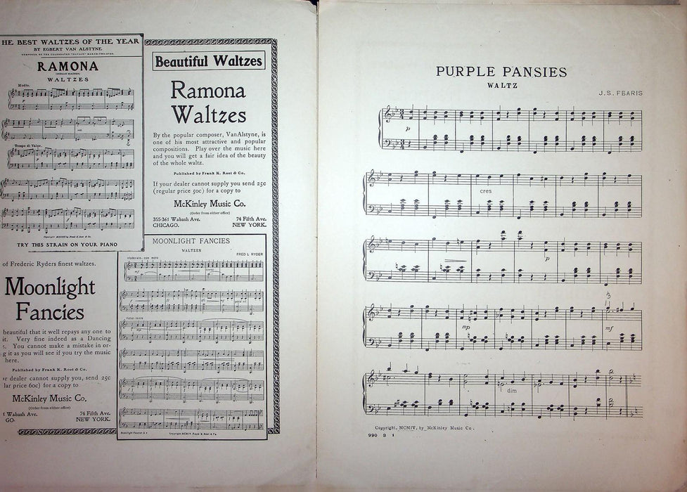 1904 Purple Pansies Waltz Vintage Antique Sheet Music Large J S Fearis McKinley 2