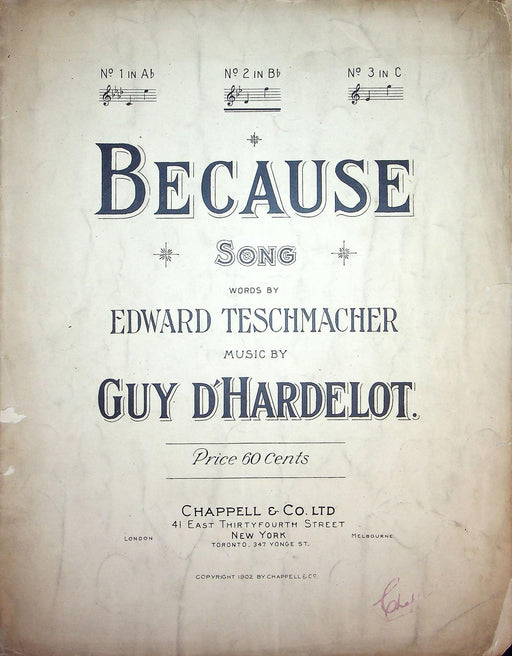 1902 Because Edward Teschemacher Guy D Hardelot Vintage Sheet Music Large French 1