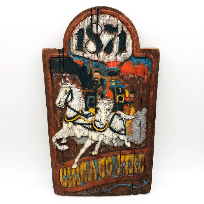 1871 Chicago Fire Wall Plaque Raised Panel Folk Art Faux Wood 20x11 Hand Painted