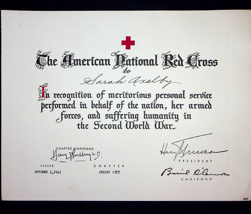 American National Red Cross Certificate WW2 Service President Harry Truman 1945 1