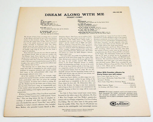 Perry Como Dream Along With Me 33 RPM LP Record RCA 1957 CAL 403 2