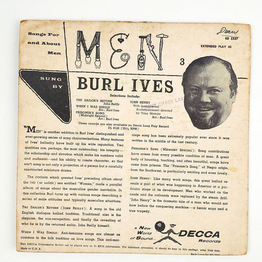 Burl Ives Songs For And About Men Part 3 Record 45 RPM EP ED 2237 Decca 1956 2