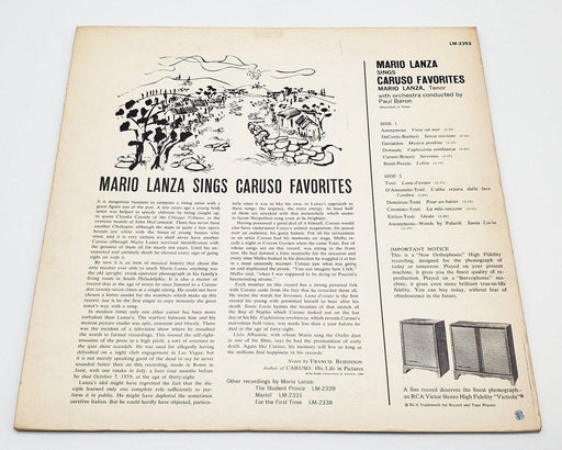 Mario Lanza Sings Caruso Favorites 33 RPM LP Record RCA Victor 1960 LM 2393 2