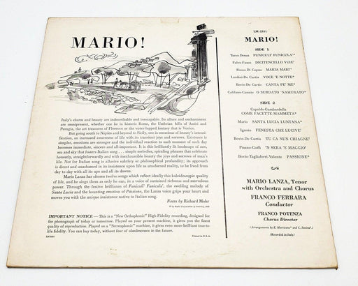 Mario Lanza Mario! 33 RPM LP Record RCA Victor Red Seal 1959 LM-2331 2