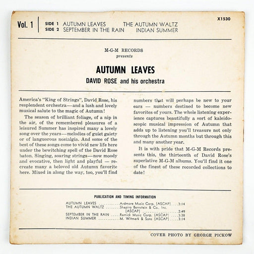 David Rose Autumn Leaves Vol 1 Record 45 RPM EP X1530 MGM 1957 2