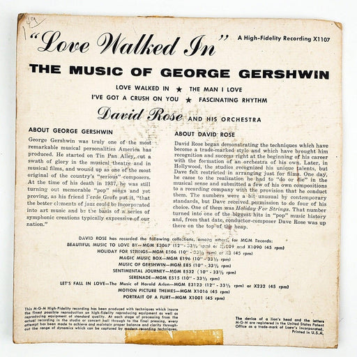 David Rose Love Walked In Music of George Gershwin Record 45 RPM EP X1107 MGM 2