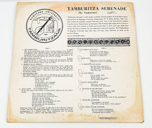 Duquesne University Tamburitzans Tamburitza Serenade Record 33 LP Du-Tam 1959 2