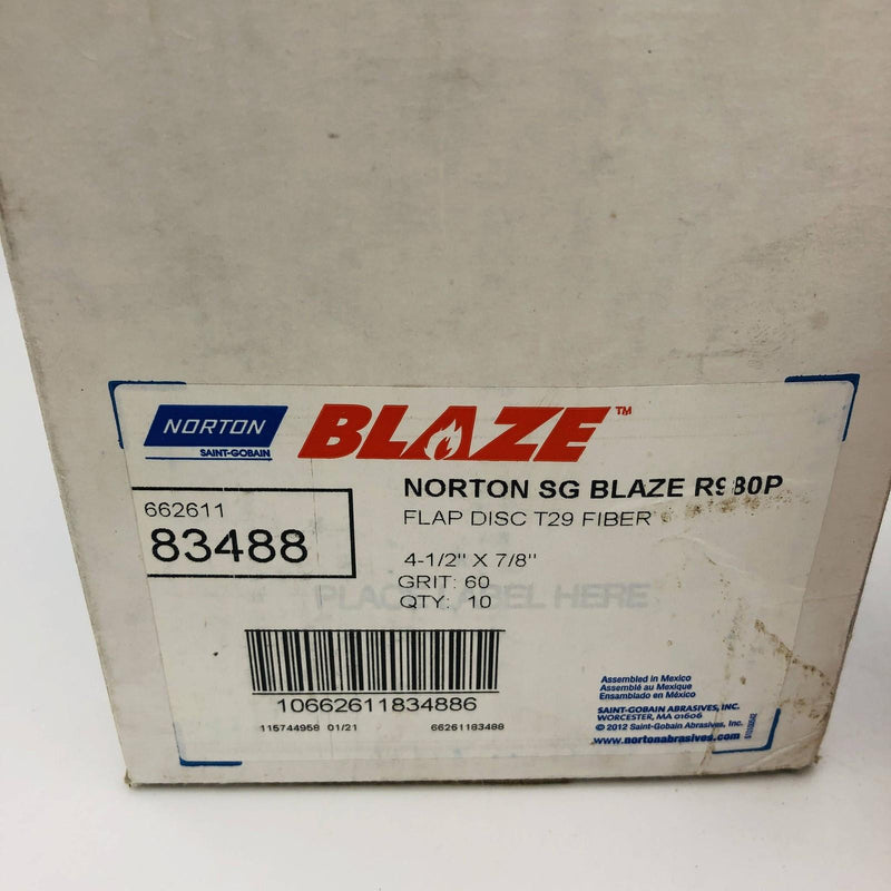 Norton 83488 Flap Disc Resin Fiber 4-1/2x7/8 Type 29 Blaze R980P 60 Grit 10/Box 2