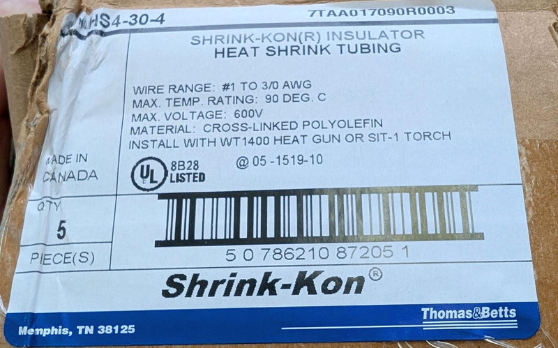 Thomas & Betts HS4-30-4 Heat Shrink Tubing 4' L 1.1" ID 3:1 Ratio 1-3/0 AWG 5 PK 5