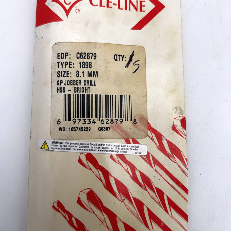 Cle-Line C62879 Jobber Drill Bit 8.1MM 1898 General Purpose HSS Bright Lot of 5