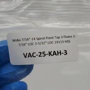 Widia 7/16"-14 Spiral Point Tap 3 Flutes 1-7/16" LOC 3-5/32" LOC 19113 HSS 7