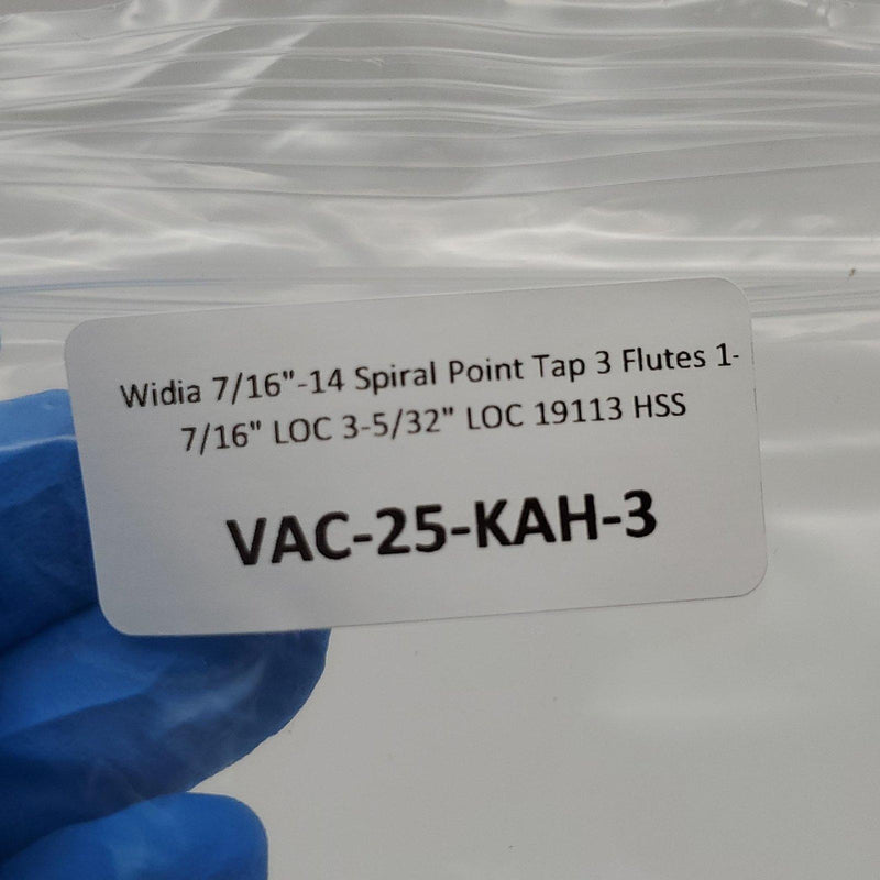 Widia 7/16"-14 Spiral Point Tap 3 Flutes 1-7/16" LOC 3-5/32" LOC 19113 HSS 7