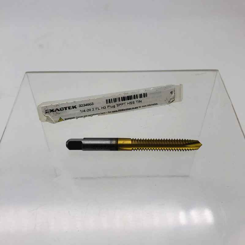 Exactek 3234603 Tap Plug Gun 1/4-28 2 Flute H3 SPPT HSS TiN Finish Spiral Point 10