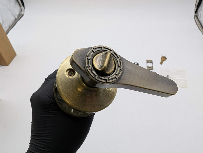 Kwikset Entry Lock Knob & Lever Grecian Design Antique Brass 2-3/8" Backset