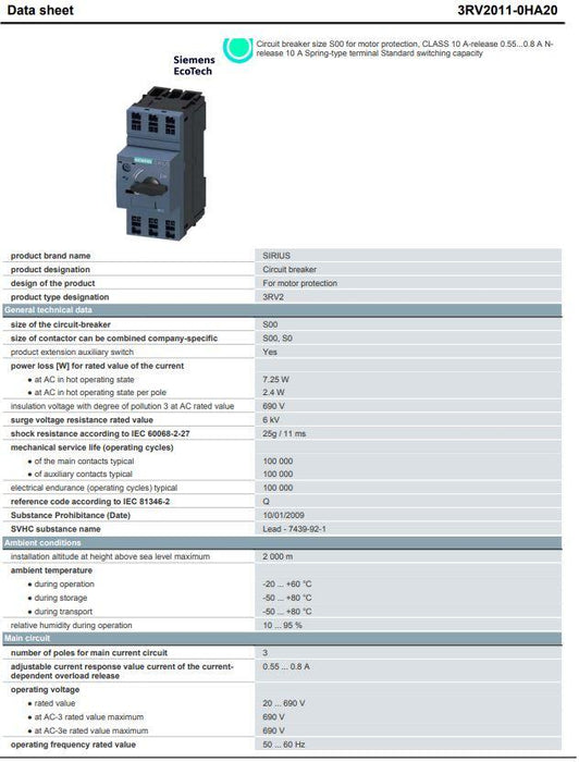 Siemens 3RV2011-0HA20 Circuit Breaker 0.55 - 0.8A 480 - 600V Motor Protection 4