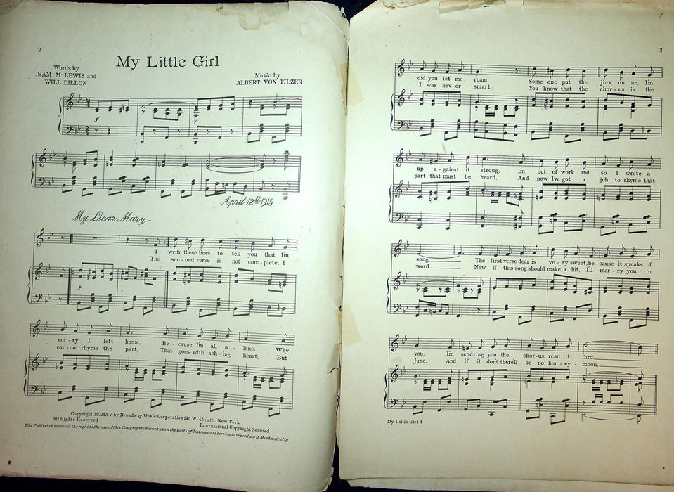 1915 My Little Girl Vintage Sheet Music Large Albert Von Tilzer Lewis Dillon 2