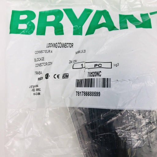 Bryant 70520NC Locking Blade Connector 20A 125 VAC 1‑ph 2‑pole 3‑wire NEMA L5-20 2