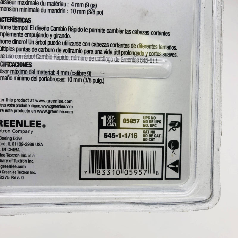 Greenlee 05957 Carbide Tipped Hole Cutter Quick Change 1-1/16" Stainless Steel 5