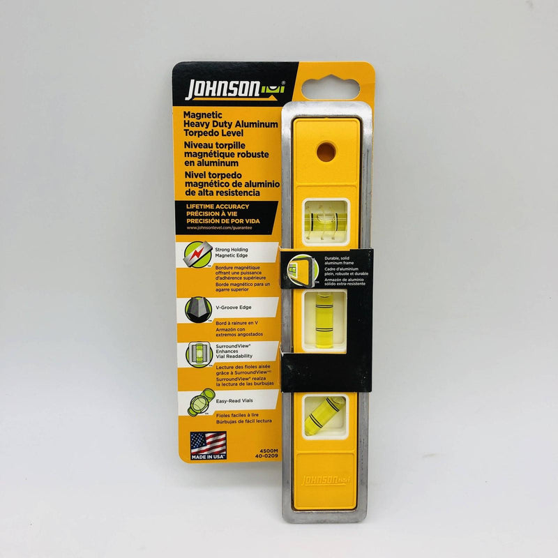 Johnson 4500M Torpedo Level Aluminum 9-in 3 Vial Magnetic Base Heavy Duty 7
