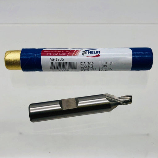 Melin AS-1206 End Mill 3/16 Dia 3/8 Shank 2 Flutes 2-1/16 OAL 3/16 LOC Square 1