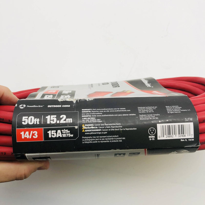 Southwire 2408SW8804 Extension Cord Red 14/3 Gauge Conductor 50ft Indoor Outdoor 5