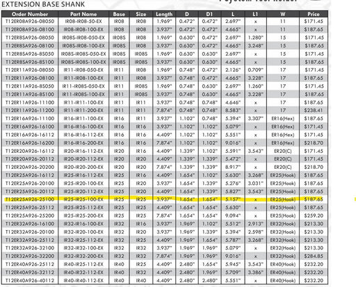 Prime Tool IR25-IR25-100-EX Tool Holder Extension Base 3.937" Len 1.654" D 2