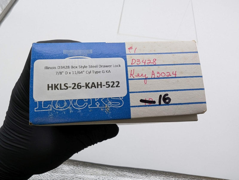 Illinois D3428 Box Style Steel Drawer Lock 7/8" D x 11/64" Cyl Type G Keyed Same