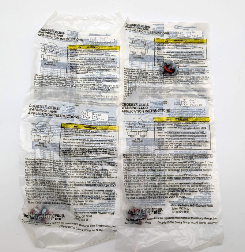 Crosby G-450 1/8" Wire Rope U-Bolt Clip 3-1/4" Turnback Length Pack of 4 1