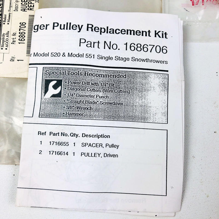 Simplicity 1686706 Auger Pulley Replace Kit NOS 1716614 Pulley 1716655 Spacer 3