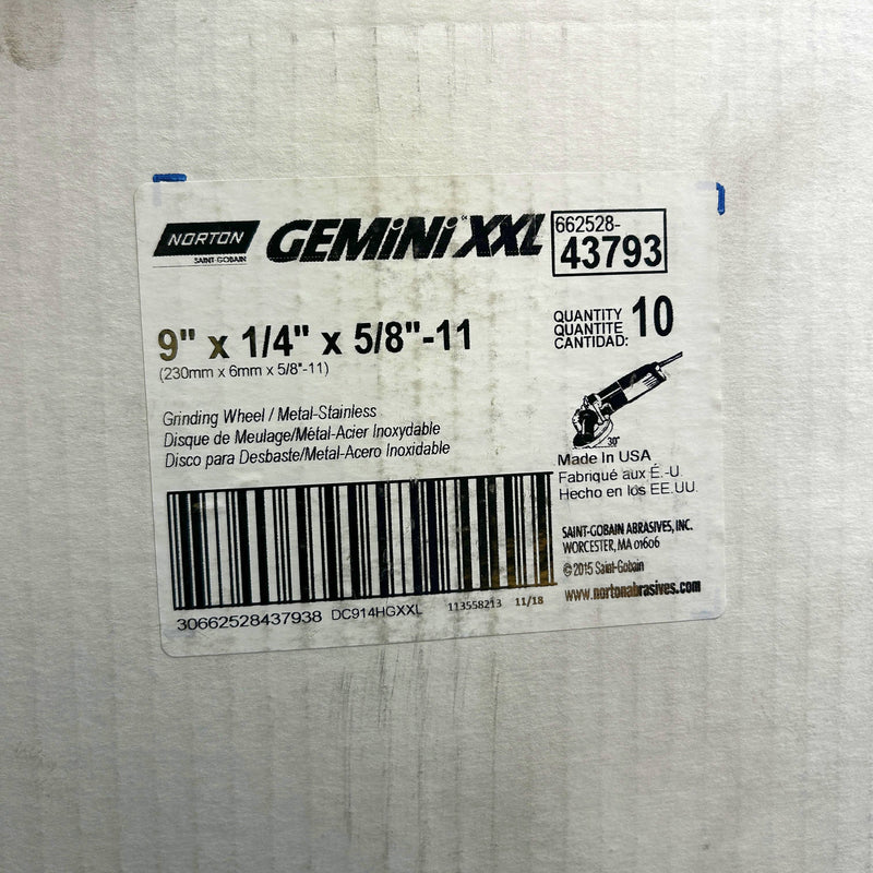 Norton 66252843793 Grinding Wheel 9in x 1/4in x 5/8"-11 Type 27 Gemini XXL 10pk