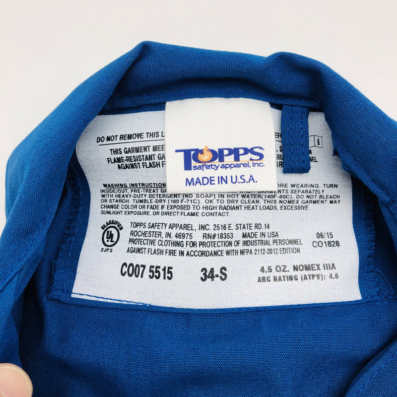 Topps CO075515 Coveralls Flame Resistant 34-S Nomex IIIA 4.5oz Royal Blue No Tag 2