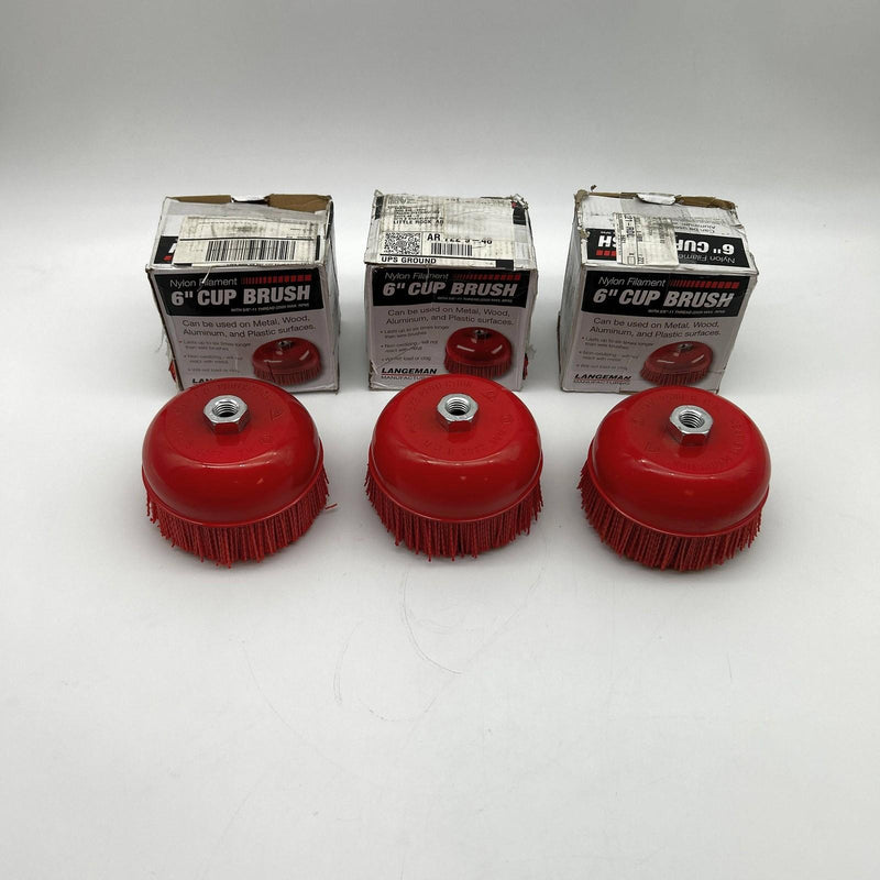 Langeman Cup Brush 6inch Nylon Filament 5/8-11 Thread 2500 Max RPM Lot of 3 10