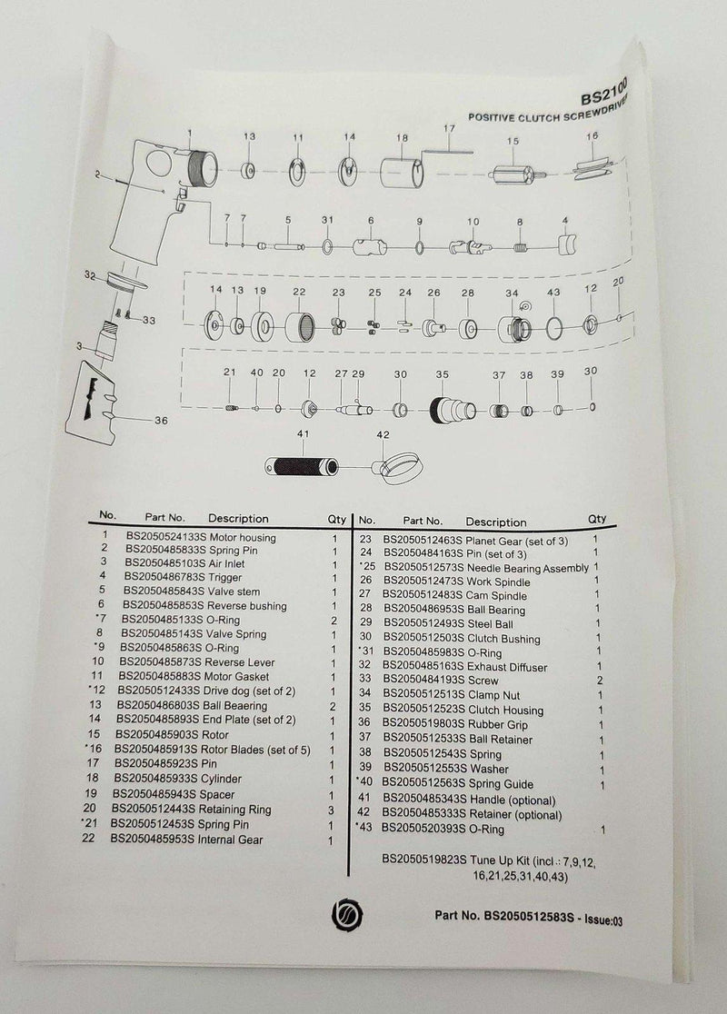 Boring Smith Pneumatic Screwdriver 1/4" Hex Positive Clutch 2200RPM 90PSI BS2100 9