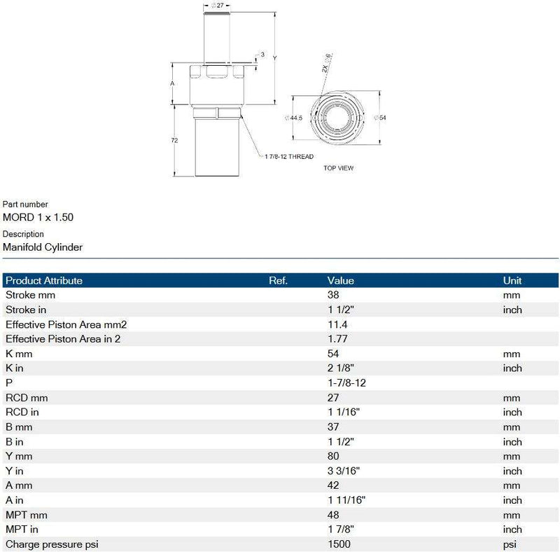 Hyson MORD 1 x 1.5 Manifold Cylinder 1.5" Stroke 1-7/8-12 Thread Nitro Dyne 2