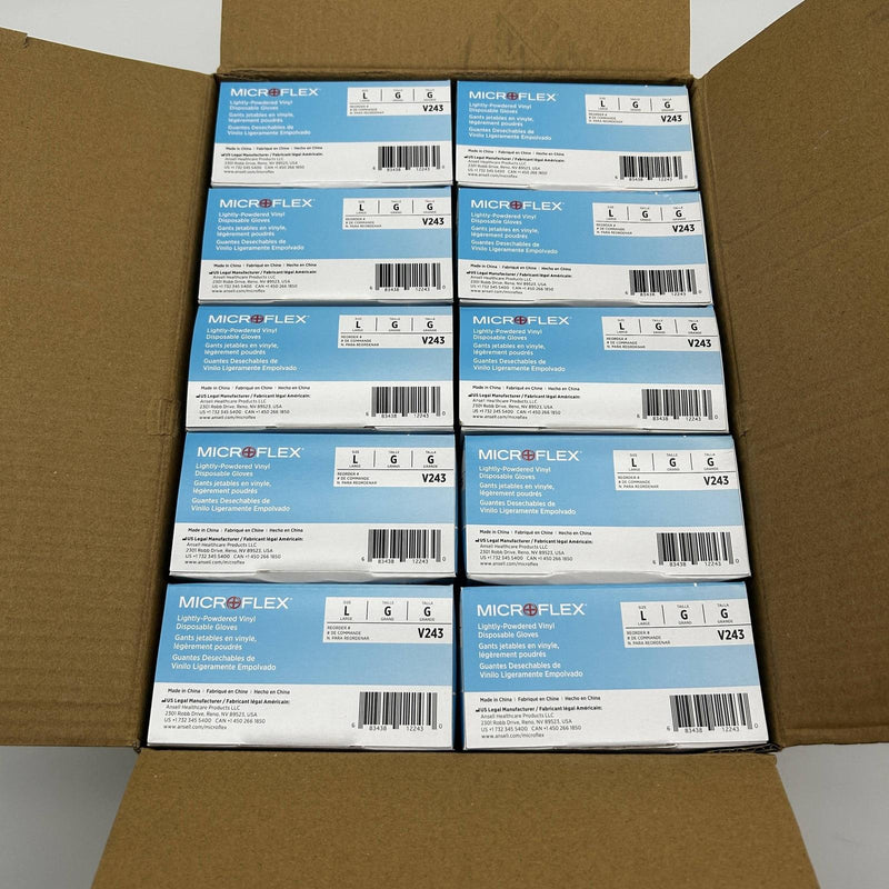 Microflex V243 Disposable Glove Large Lightly Powdered Vinyl 4 Mil Clear 1000/Ca 7