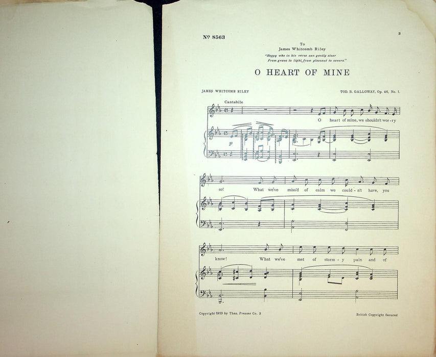 1910 O Heart Of Mine Vintage Sheet Music Large James Whitcomb Riley Galloway 4