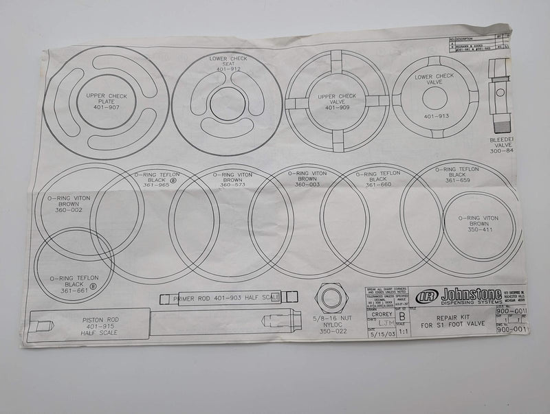 Johnstone 900-001RK Service Kit for S1 Foot Valve O-Rings, Plates, Rods & More