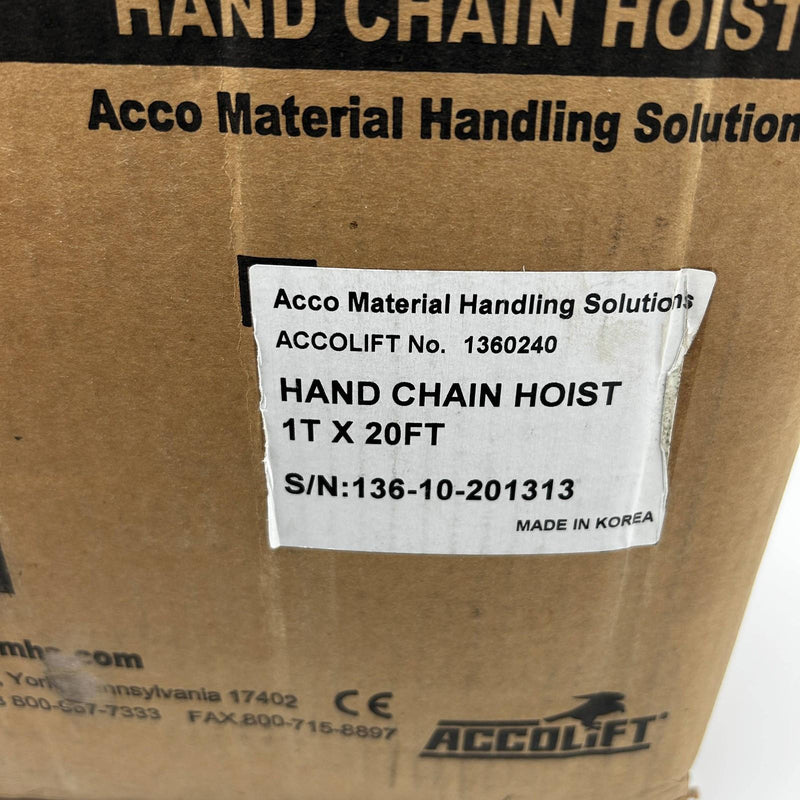 Accolift 1360240 Hand Chain Hoist 1 Ton x 20ft Fabricated Rolled Steel Plate