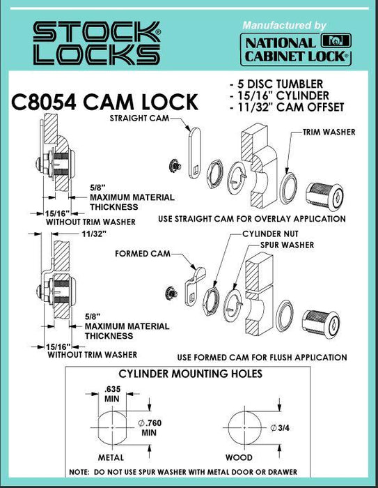 CompX C8054 Cam Lock 15/16"L x 3/4"D Cylinder Bright Brass 5 Disc Keyed Diff 2