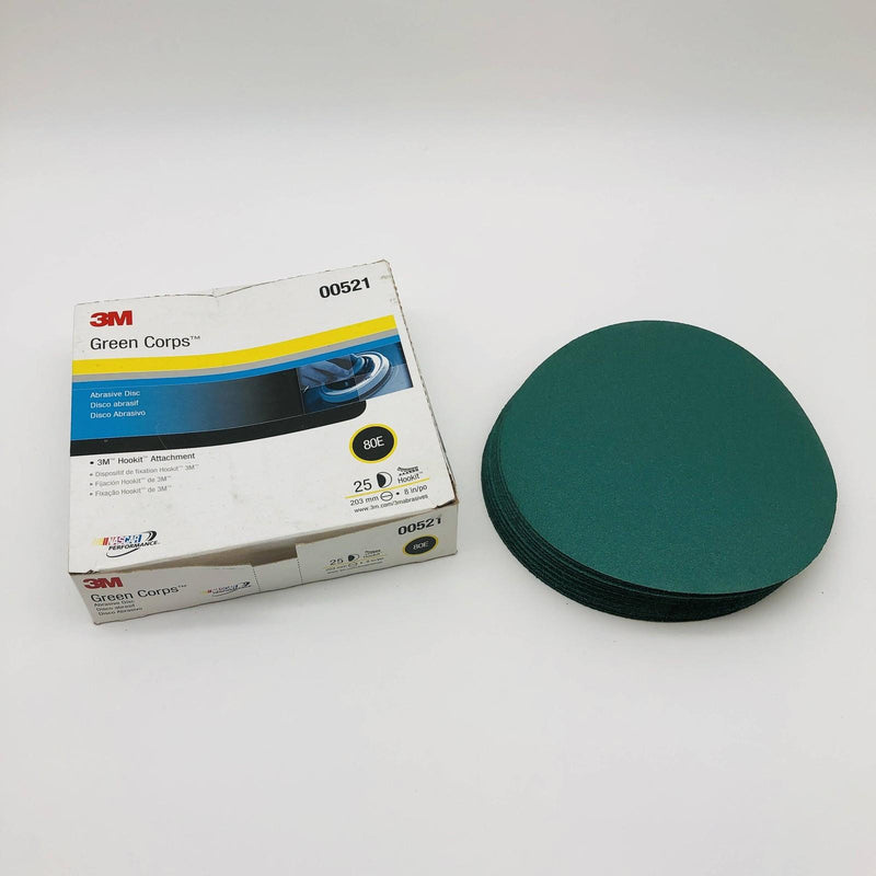 3M 00521 Abrasive Sanding Disc Green Corps 8in Hookit 80E Medium Pack of 25 9