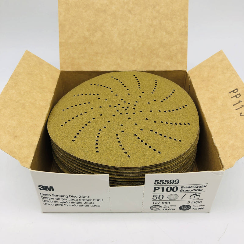 3M 55599 Clean Sanding Disc 5in P100 Hookit 236U Hook & Loop Aluminum Oxide 50pk 3