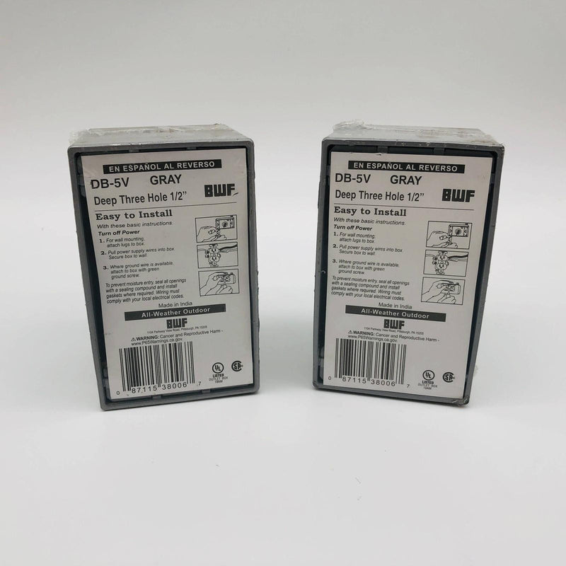 2pk BWF DB-5V Junction Outlet Receptacle Box 1/2in 3 Hole 1 Gange Deep Box Gray 9