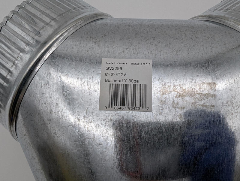 Fantech 6" Y Adapter Duct 6" x 6" x 6" Galvanized Sheet Metal FY 6 3