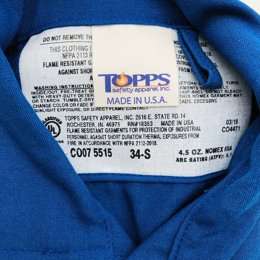 Topps CO075515 Coveralls Flame Resistant 34-S Nomex IIIA 4.5oz Royal Blue NWT 2