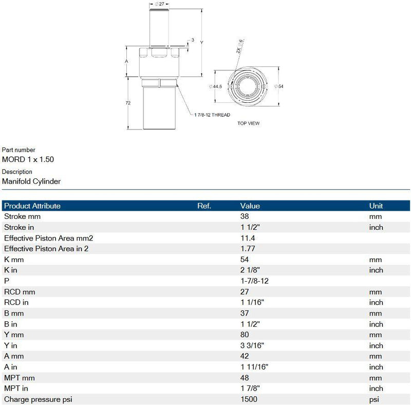 Hyson MORD 1 x 1.5 Manifold Cylinder 1.5" Stroke 1-7/8-12 Thread 1500 Series 2