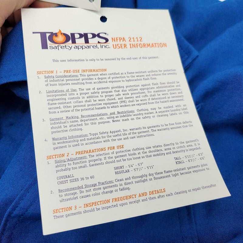 Topps CO07 5515 Coveralls Fire Resistant Size 52-R Nomex 4.5 Oz Nomex 9