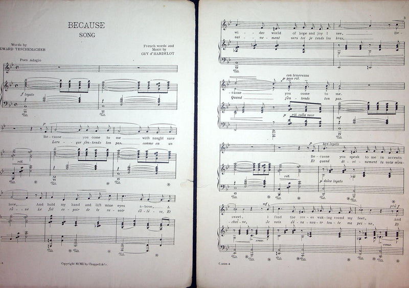 1902 Because Edward Teschemacher Guy D Hardelot Vintage Sheet Music Large French 2