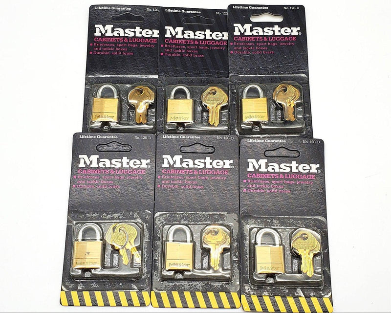 6x Master Lock Padlocks 120-D Keyed Alike 1/2" Shackle Solid Brass Body NOS 1