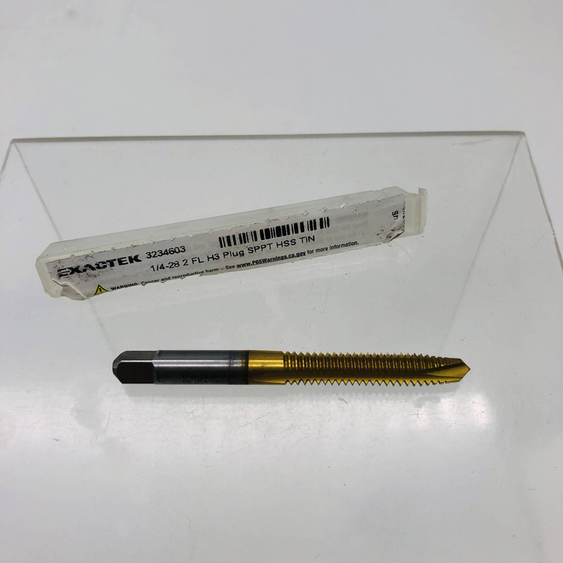 Exactek 3234603 Tap Plug Gun 1/4-28 2 Flute H3 SPPT HSS TiN Finish Spiral Point 11